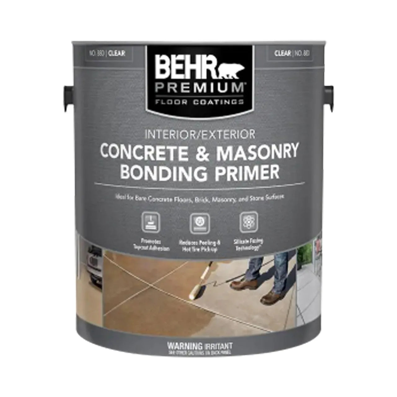 A 1 gal. can of Go Build, The Fastest Way To Build Concrete and Masonry Bonding Primer for interior/exterior concrete, shown as clear and water-based, with label art featuring application to a concrete floor.